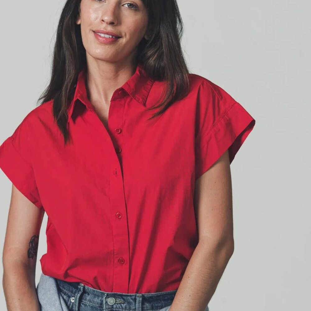 NWT The Shirt by Rochelle Behrens Short Sleeved Boyfriend Shirt in Persimmon